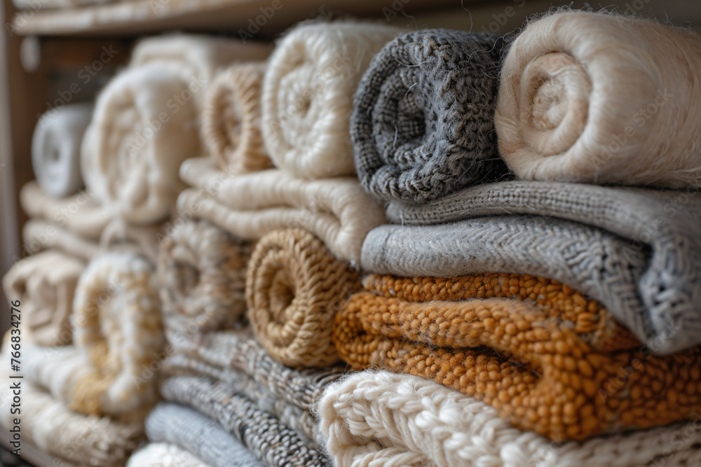 Natural wool yarn rolls and knitted fabrics stacked on shelves. Handcrafting and sustainable materials concept. Design for craft shops, knitting classes, and eco textile markets Natural wool yarn rolls and knitted fabrics stacked on shelves. Handcrafting and sustainable materials concept. Design for craft shops, knitting classes, and eco textile markets