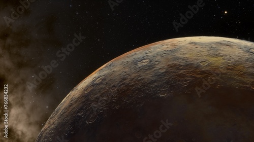 Rugged crater pocked celestial body moon, planet with a striking brownish red horizon where it meets darkness of space. 3d render