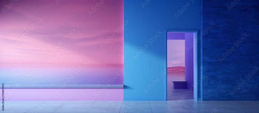A room with walls painted in shades of purple, violet, and electric blue. A door leading to a rectangular room with magenta accents. An artistic event with a symmetrical design