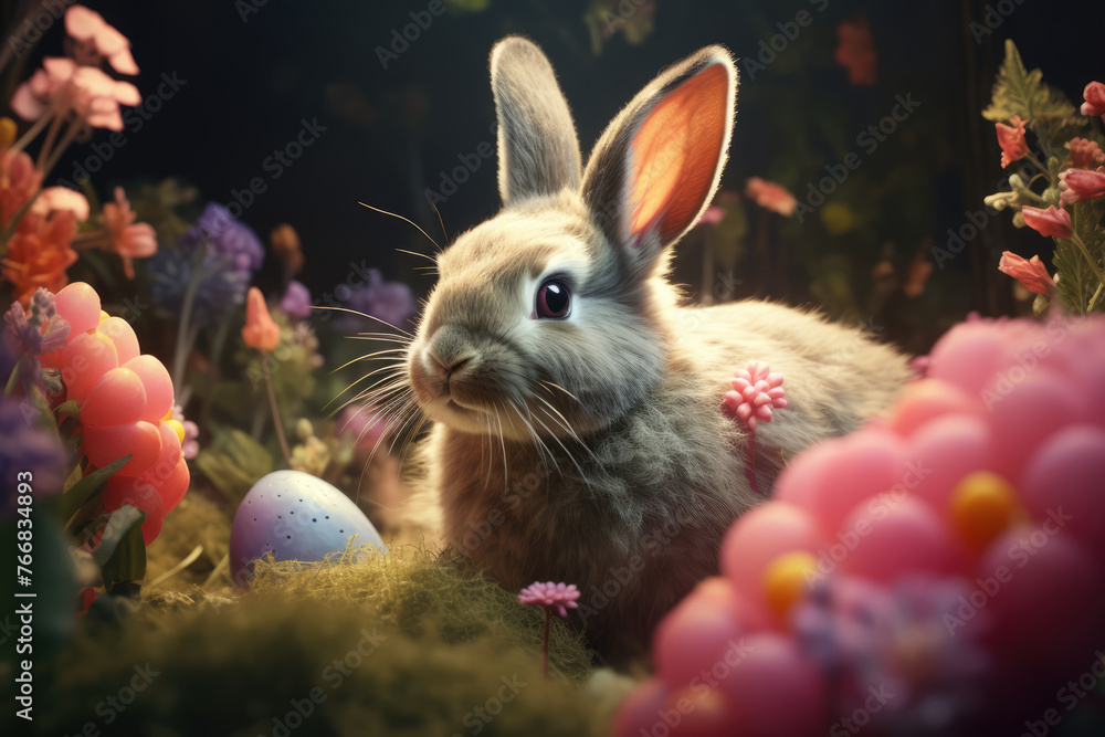 Easter Rabbit and Easter Egg in Spring Forest. Beautiul Easter Wallpaper, Background for Easter Greeting Card and Banner Design Easter Rabbit and Easter Egg in Spring Forest. Beautiul Easter Wallpaper, Background for Easter Greeting Card and Banner Design