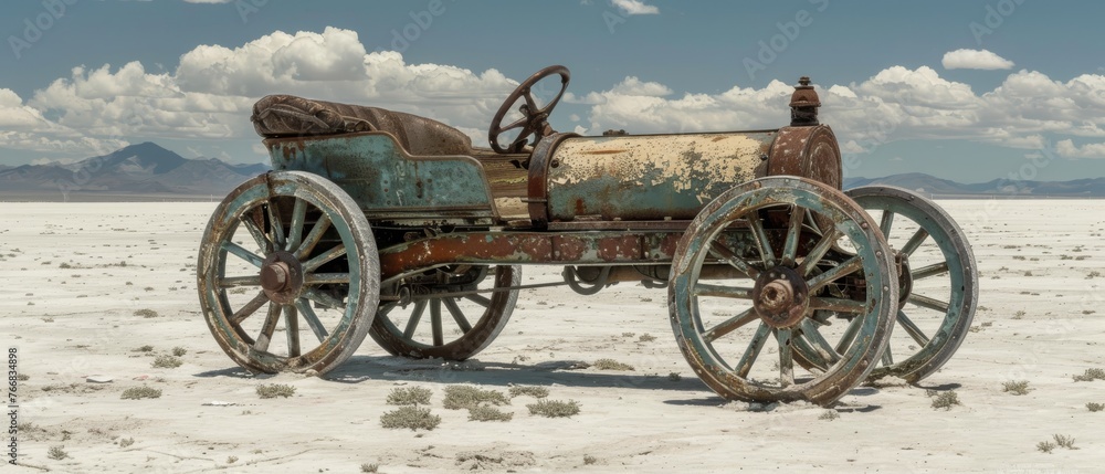   An antiquated carriage, weathered by time and exposed to the elements, stands majestically amidst a barren desert landscape, flanked by towering mountains and billowing clouds