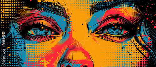 abstract face art woman model Comics illustration  retro and 90s style  pop art pattern  abstract crazy and psychedelic background