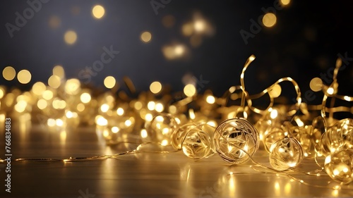Golden string lights with blur background, Decoration lighting, copy space