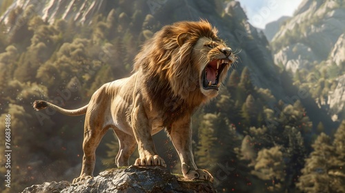 courageous lion standing on forest mountain peak, roaring in the wilderness