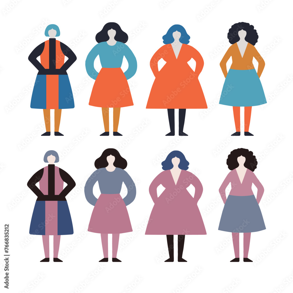 様々な女性の立ち姿のイラスト・シルエット