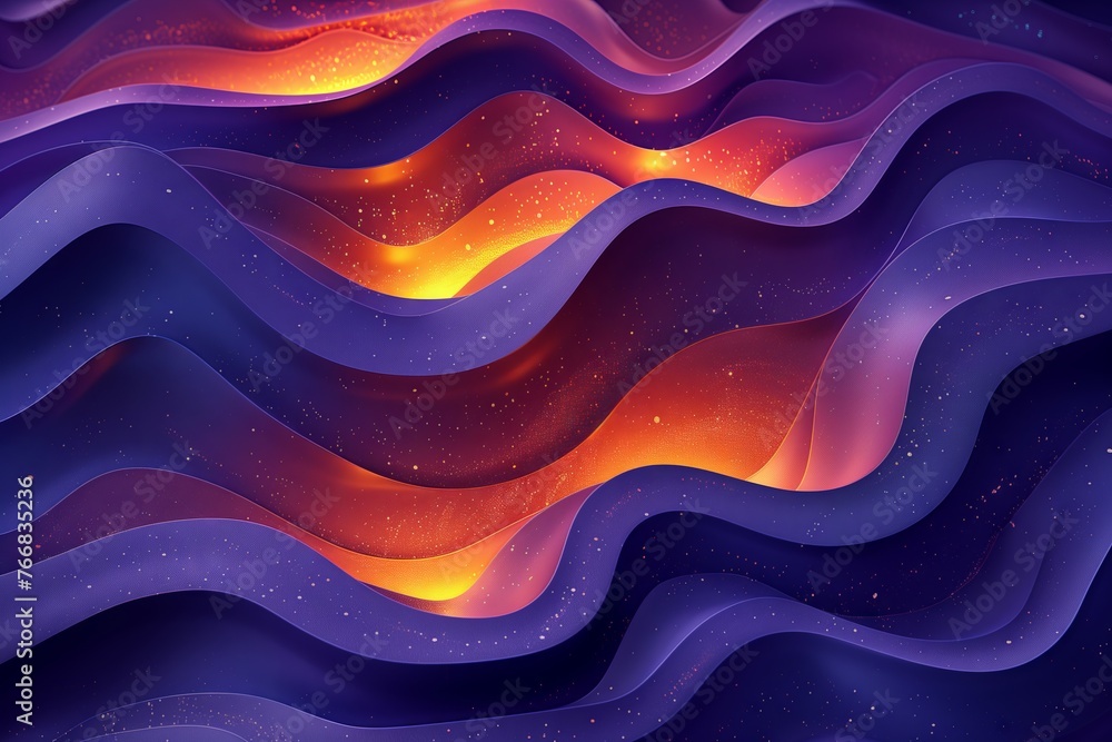 A computergenerated image depicting a violet and orange wave in an azure atmosphere, resembling a geological phenomenon. The colors blend like water and sky, creating a vibrant scene - obrazy, fototapety, plakaty 