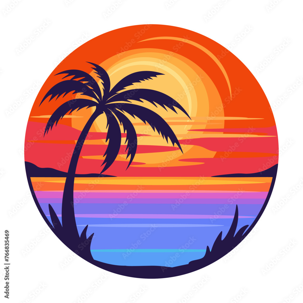 Tropical holiday badge design with palm tree and sunset over the sea, isolated on white background, vector illustration, decorative element, emblem, sticker, poster.