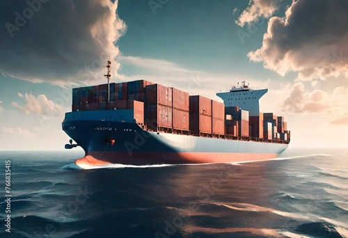  cargo ship container navigating the vast expanse of the ocean, symbolizing the intricate network of shipping freight transportation that connects distant shores and economies