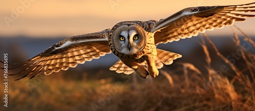 A flying owl is gliding over a field of tall grass, hunting for arthropods. Its wing balances its weight as it searches for terrestrial insects, invertebrates, and other wildlife to prey on