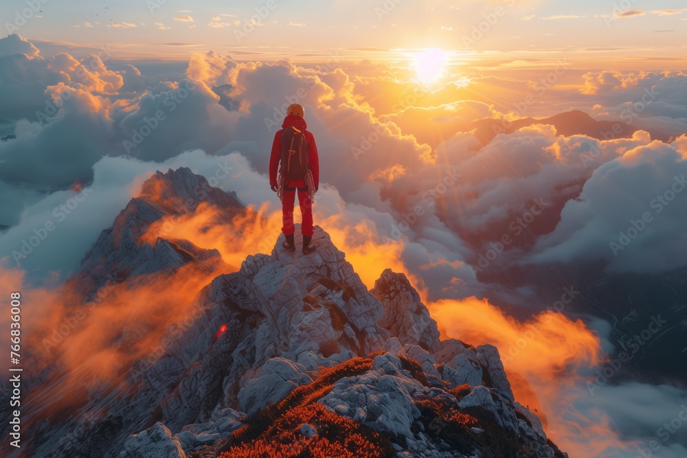 A man stands on a high mountain observing the clouds in the sky during a beautiful sunset, surrounded by stunning natural landscapes and geological formations