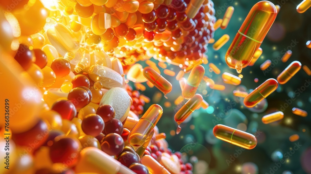 3D illustration of watersoluble vitamins dissolving and being absorbed in the human digestive tract, highlighting their immediate availability , 3D Render - obrazy, fototapety, plakaty 