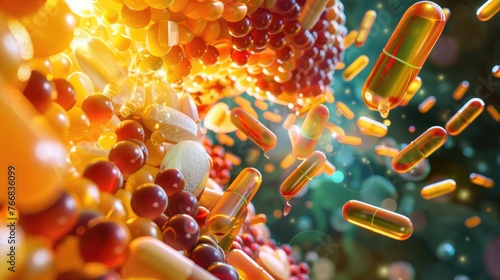 3D illustration of watersoluble vitamins dissolving and being absorbed in the human digestive tract, highlighting their immediate availability , 3D Render photo