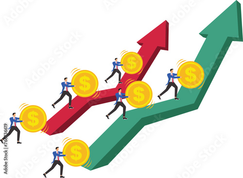 Marketing market prices or stock market price fluctuations, business financial roller coasters, uncertainty of investment losses or profits, traders pushing gold coins on up and down arrows