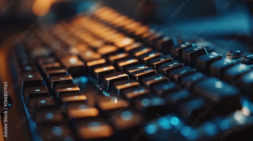 detailed closeup of a computer keyboard highlighting its typing keys and electronic design for an office environment detailed closeup of a computer keyboard highlighting its typing keys and electronic design for an office environment