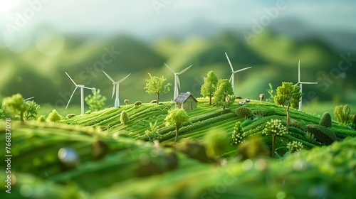 Environmental Conservation: Graphic design featuring green landscapes and renewable energy sources, symbolizing the growth and progress of environmental conservation efforts.