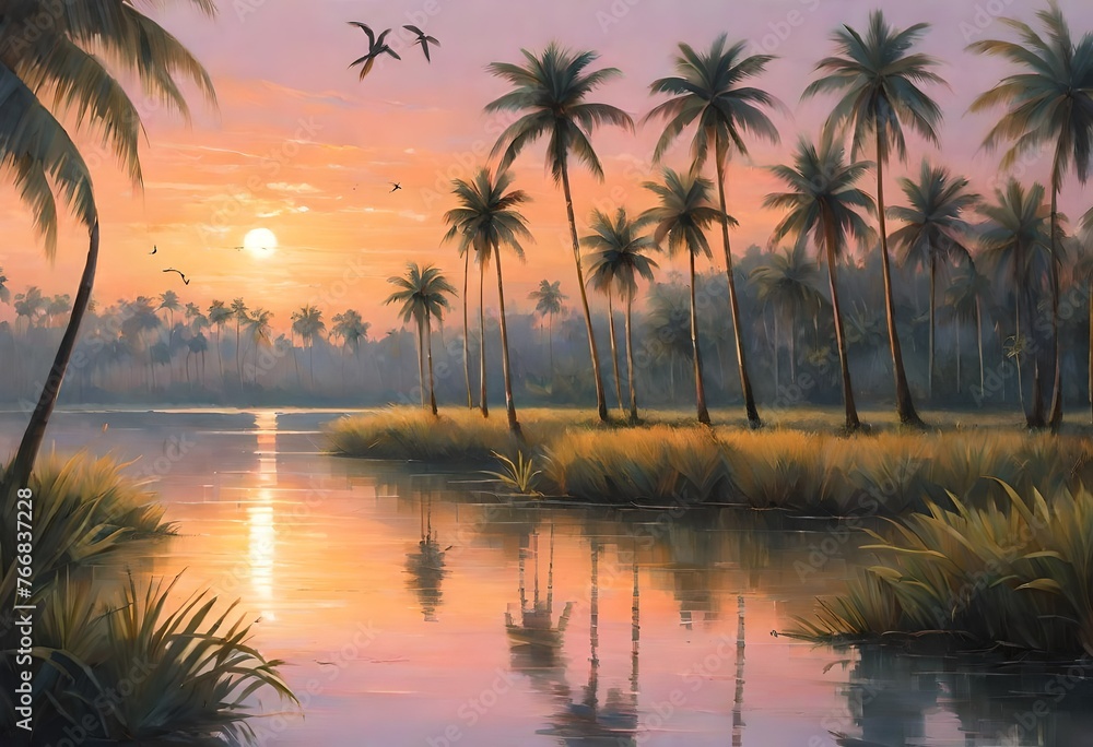  evening descends upon a shallow lake. The water reflects the soft hues of the setting sun, casting a warm golden glow