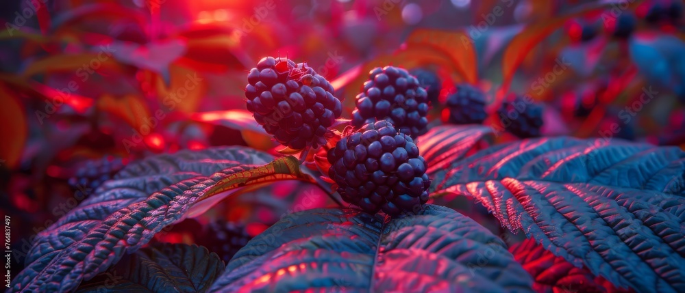  Red and blue lights illuminate close-up of juicy berries on lush plant, showcasing their vivid colors