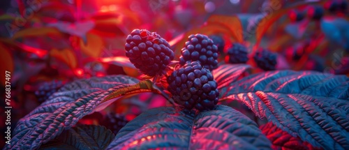  Red and blue lights illuminate close-up of juicy berries on lush plant, showcasing their vivid colors