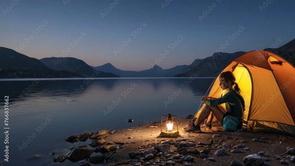Sous le ciel étoilé, une jeune randonneuse se détend près du feu crépitant, réconfortée par le murmure paisible du lac. La nuit révèle sa beauté, offrant un répit bienvenu après une journée d'aventure - obrazy, fototapety, plakaty 