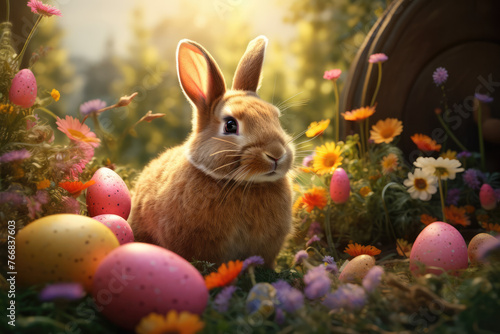 Cute Easter Bunny and Colorfful Easter Eggs in Flowers in Spring Forest. Beautiful Easter Wallpaper, Background for Easter Greeting Card and Banner Design