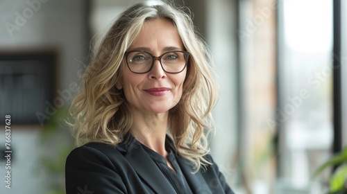 office portrait of confident middle aged businesswoman smiling in suit