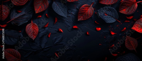  Black background with red leaves and water droplets
