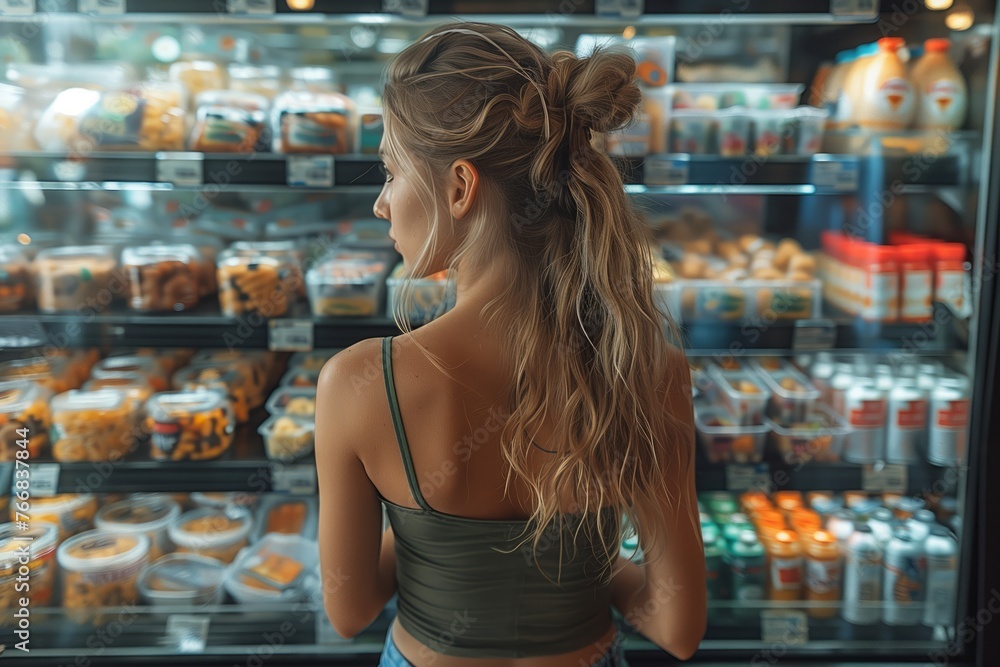 A woman is browsing the food display shelf at the grocery store, admiring the cuisine on offer. Her electric blue dress contrasts with her sleek thigh and abdomen as she enjoys the shopping event - obrazy, fototapety, plakaty 