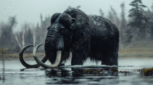 Black woolly mammoth walking in the river