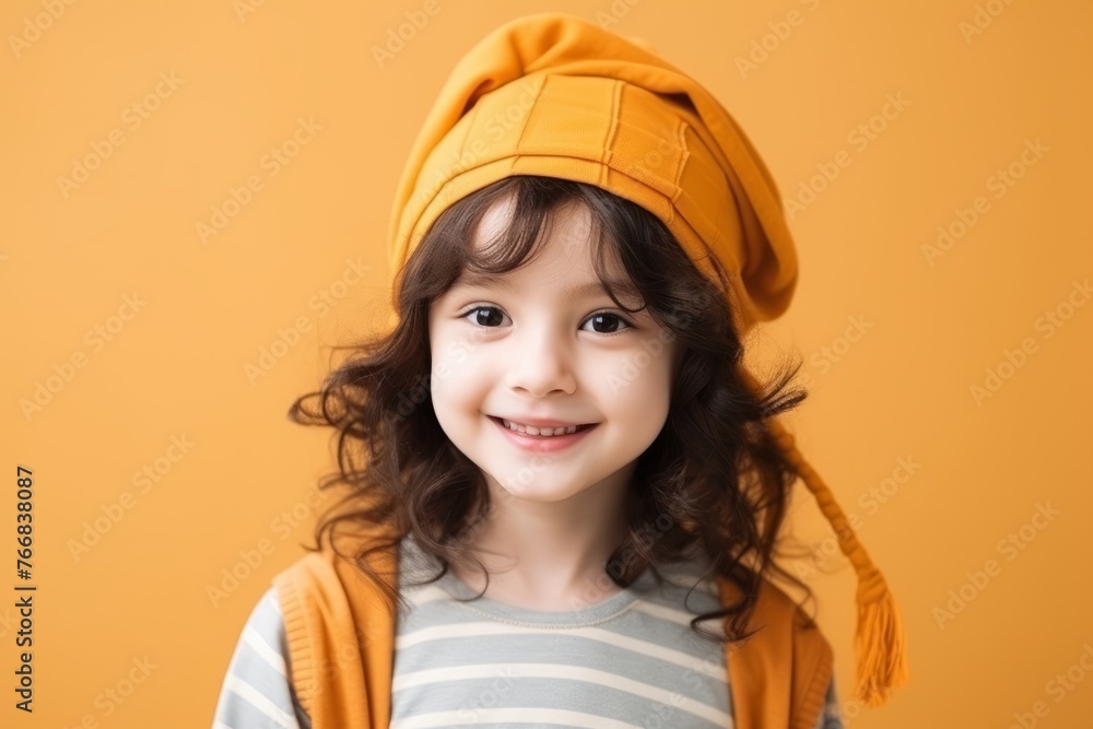 Portrait of a cute little girl with yellow hat over yellow background Portrait of a cute little girl with yellow hat over yellow background
