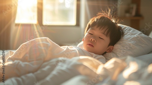 Wallpaper Mural cozy bedroom scene with cute asian boy waking up on white bed
 Torontodigital.ca