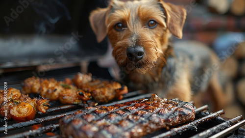 Humor. A dog waiting for a treat near the grill.