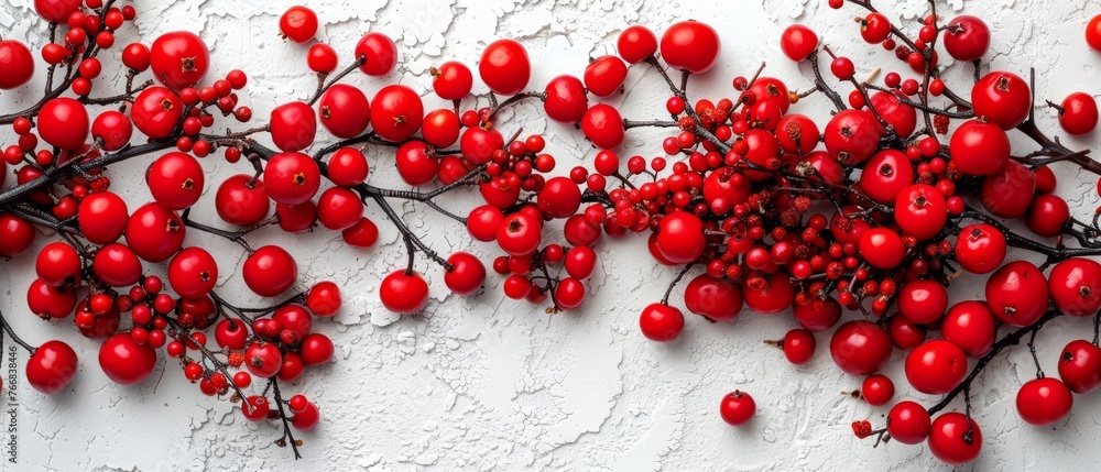 Red berries on white wall with branch Red berries on white wall with branch