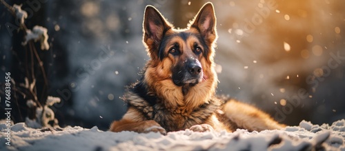 A German Shepherd dog, a herding dog breed, is peacefully laying in the snow, gazing at the camera as a terrestrial carnivore in its natural element