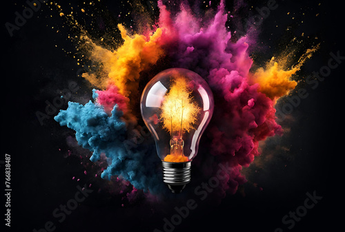 A creative light bulb explodes with colorful powder on a black background, a new idea, brainstorming concept 