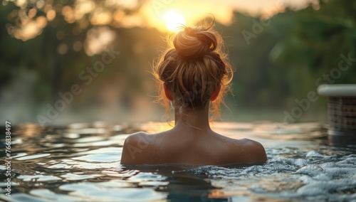 A woman is soaking in a hot tub by the lake at sunset, surrounded by trees and sunlight, feeling happy and relaxed in the natural landscape