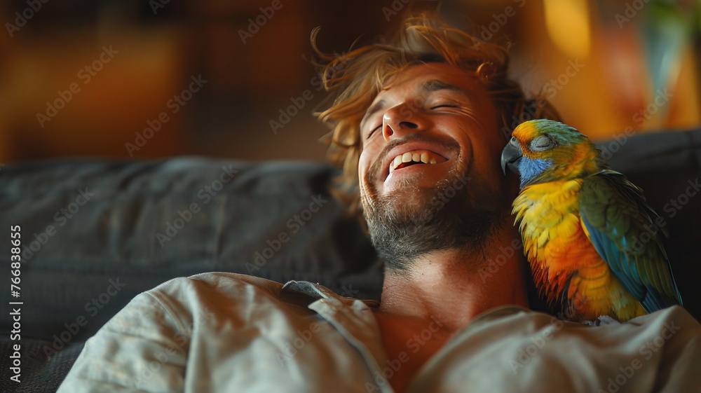 Obraz premium A parrot snuggles up to his owner's face, showing his affection.