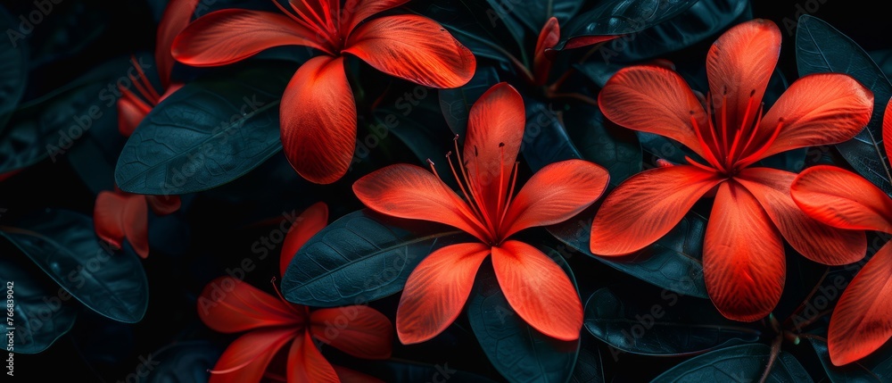 Close-up photo of red flowers with lush green foliage beneath and above petals Close-up photo of red flowers with lush green foliage beneath and above petals