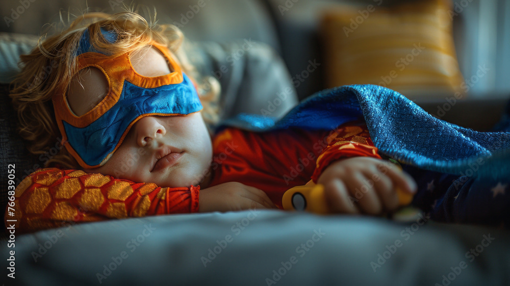 Obraz premium Humor. The little superhero was tired and fell asleep after a busy day. 