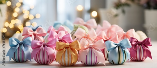 A collection of vibrant Easter eggs with elegant bows adorn the table at a public event. The colorful display adds a touch of magenta and peach to the artful atmosphere
