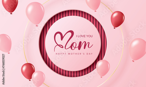 Mother's day banner with balloons on pink background.