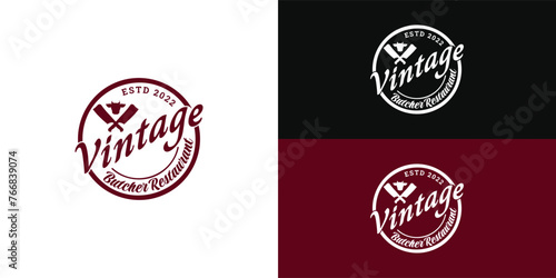 Vintage Retro Premium Meat Butcher shop label logo design inspiration template with Butchery crossed cleaver knives, lamb, pork, and Angus beef in deep red color isolated on multiple background colors
