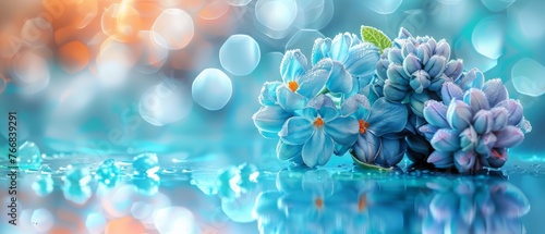  Blue blooms on blue countertop with white wall backdrop and water droplets