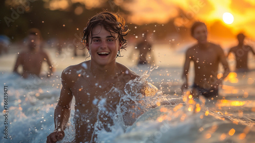 Teenagers swimming and having fun on the beach. 