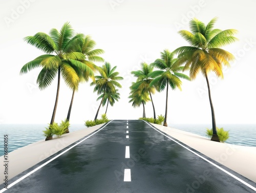 A road flanked by palm trees leading towards the horizon on a tranquil ocean backdrop. © cherezoff