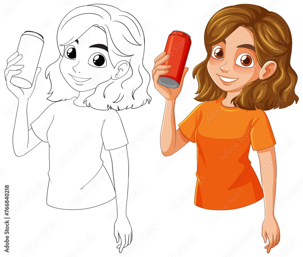 Illustration of girl holding a can, colored and line art Illustration of girl holding a can, colored and line art