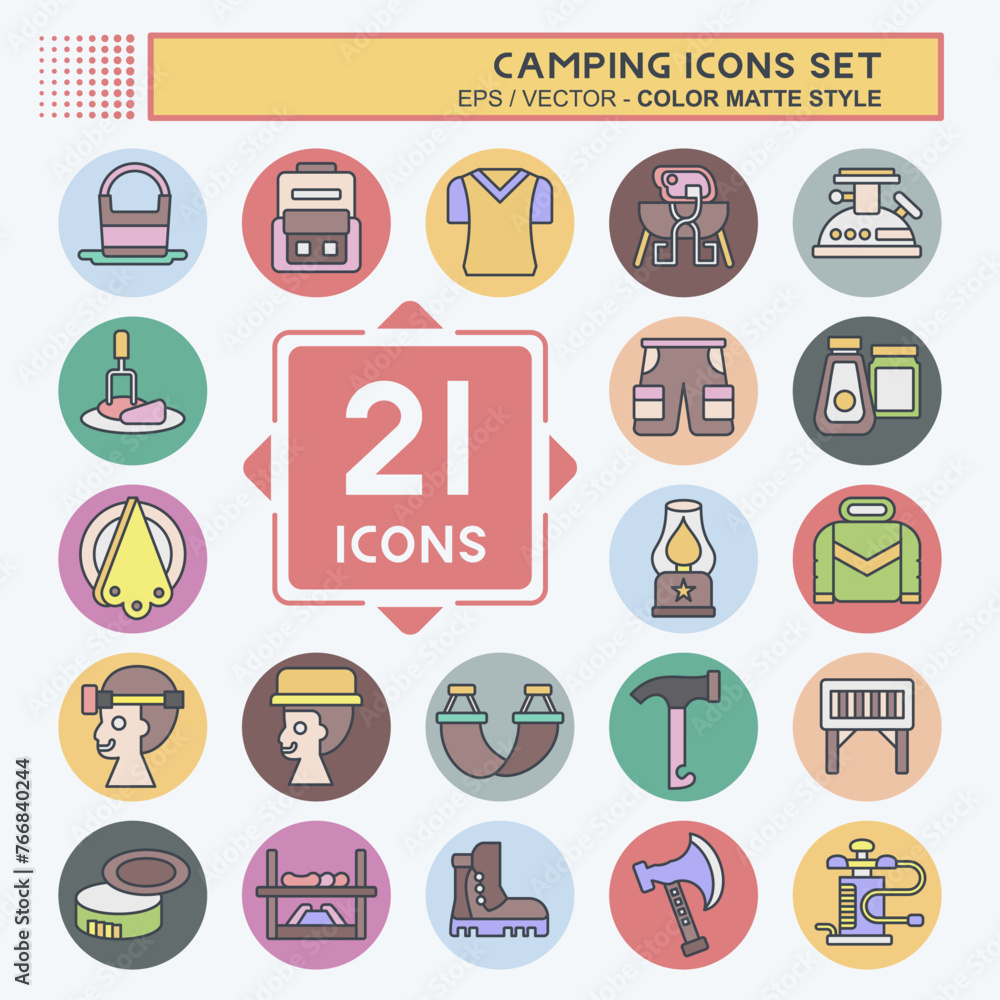 Icon Set Camping. related to Adventure symbol. color mate style. simple design editable. simple illustration Icon Set Camping. related to Adventure symbol. color mate style. simple design editable. simple illustration