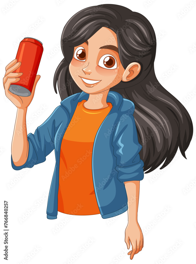 Cheerful young girl with a beverage can smiling Cheerful young girl with a beverage can smiling