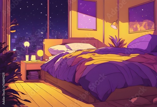 Interior of Modern Bedroom at night, Lofi styled Anime Concept art with Purple and Yellow Color tone