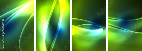 Neon Lines Waves. Abstract Background Poster Collection. Captivating array of vibrant designs, pulsating with dynamic energy against a dark backdrop. Explore the mesmerizing allure of neon waves