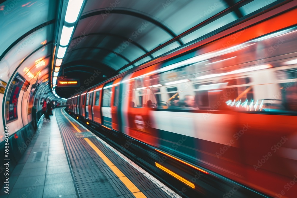 Red tube train in motion, captured perspective of someone standing on one side as it passes. Background is blur with streaks and lines representing speed and movement. Red tube train in motion, captured perspective of someone standing on one side as it passes. Background is blur with streaks and lines representing speed and movement.
